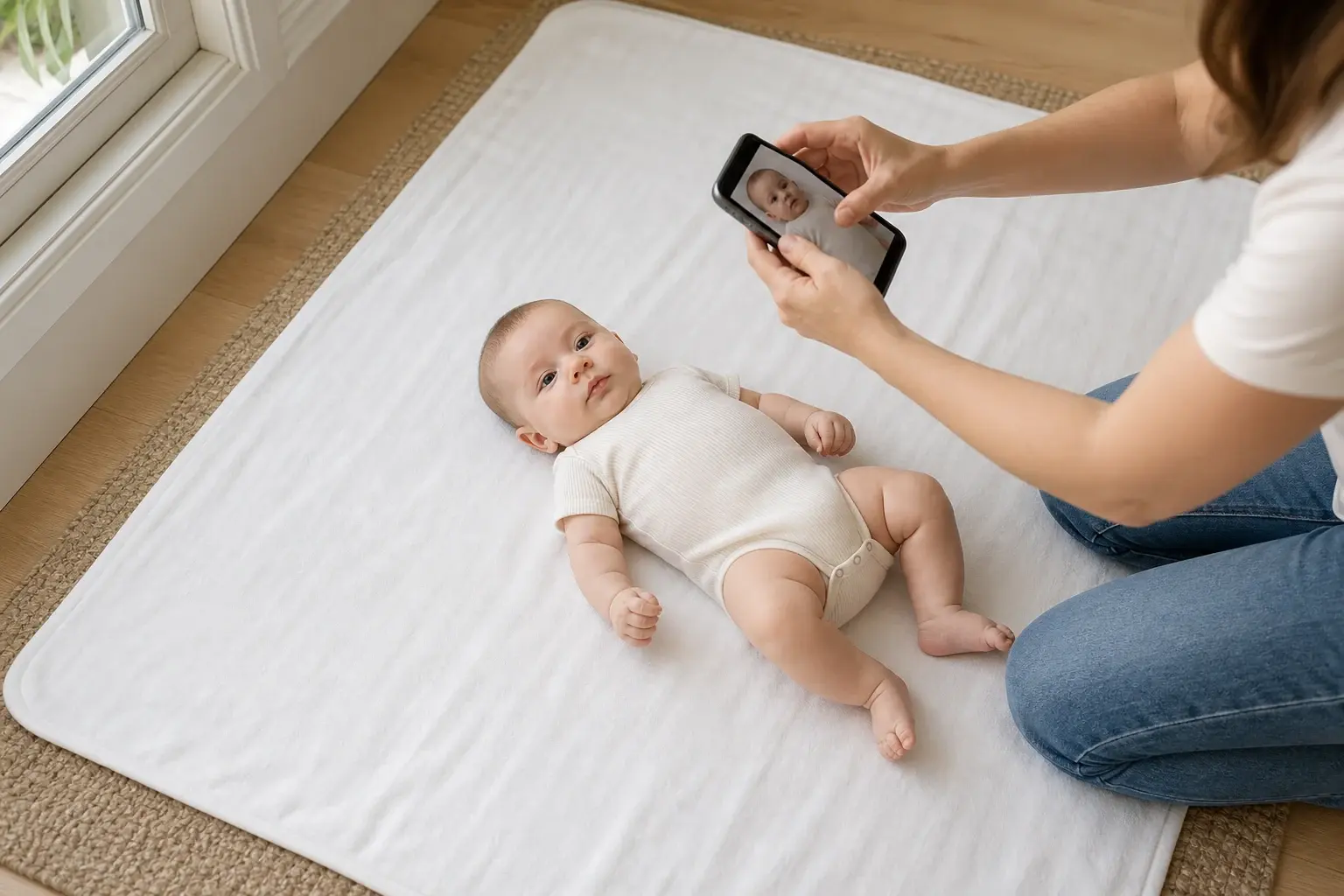 A parent photographing a baby lying on a light blanket