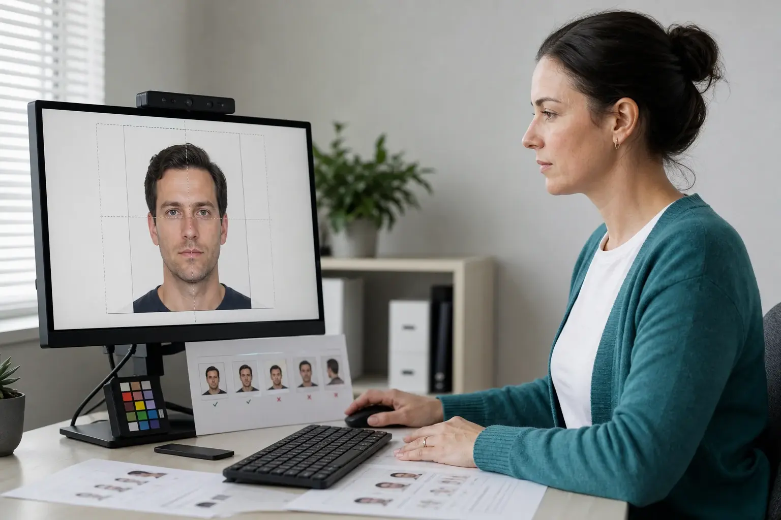 An imaging compliance specialist reviewing portrait framing and head proportions
