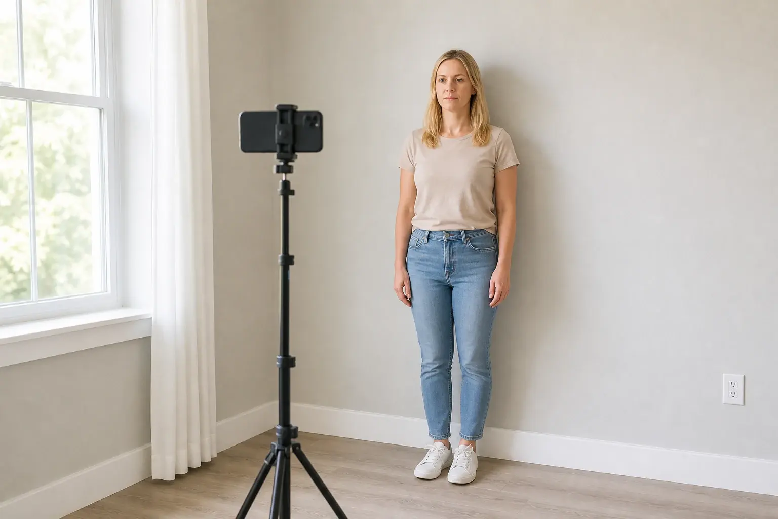 Taking a passport photo beside a window with a smartphone and tripod